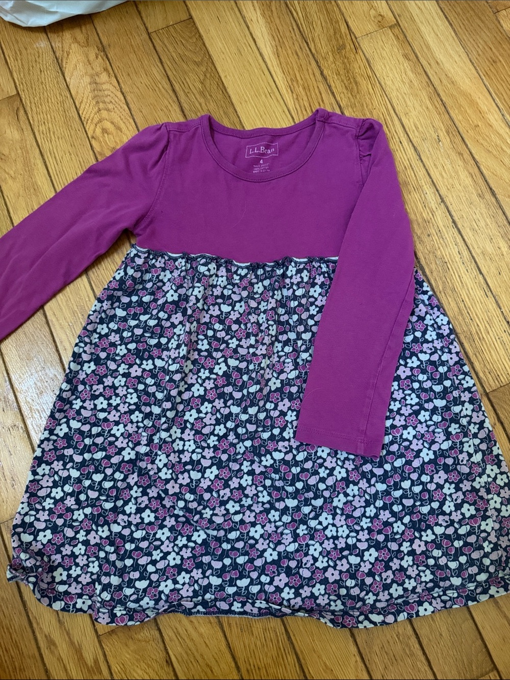 L.L. Bean Girls Magenta Bodice Navy Floral Skater Dress